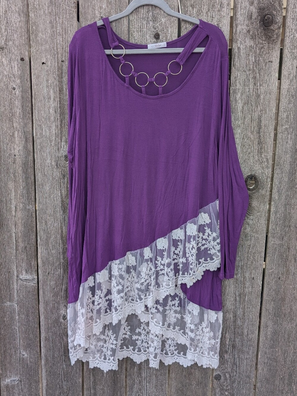 Rosegal Purple Long Sleeve Tunic with Lace Hem and Ring Neck